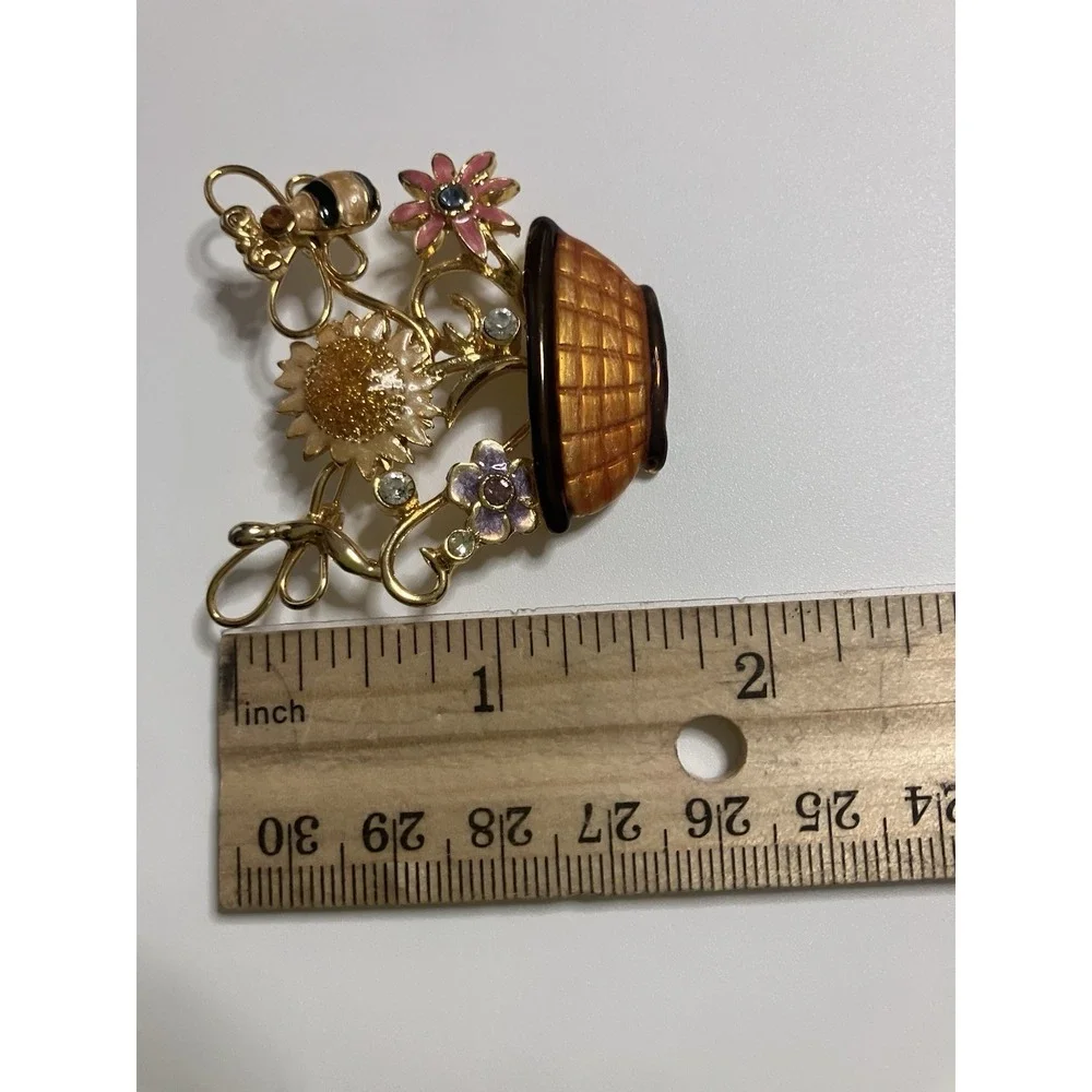 VTG Summer Brooch Pin by Kenneth Cole Sunflower Basket Bee‎ Rhinestones Grandma